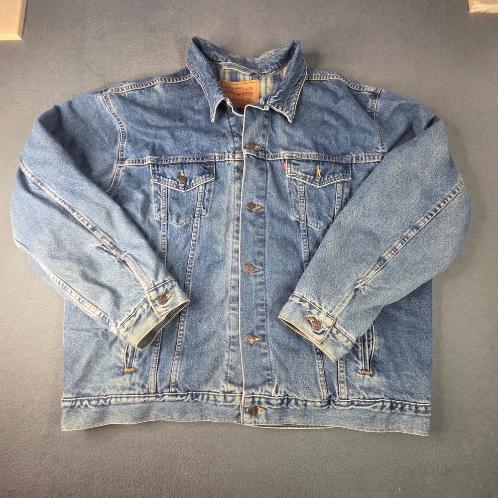 Vintage Levis Flannel Lined Denim Trucker Jacket XXL Made in USA Blue Plaid Mens